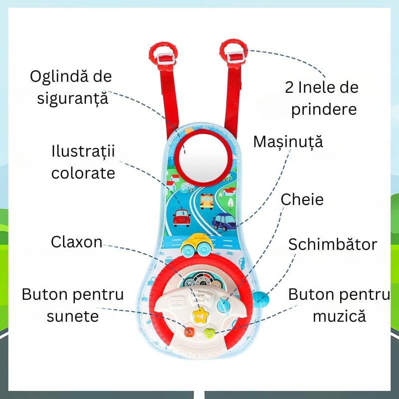 Elementele panoului LUDIRO: oglindă, inele de prindere, mașinuță, cheiță, claxon, schimbător și butoane audio.