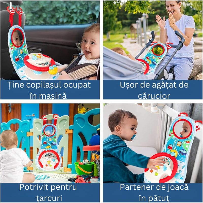 Patru exemple de amplasare a panoului LUDIRO: în mașină, la cărucior, în țarc și în pătuț pentru joacă.