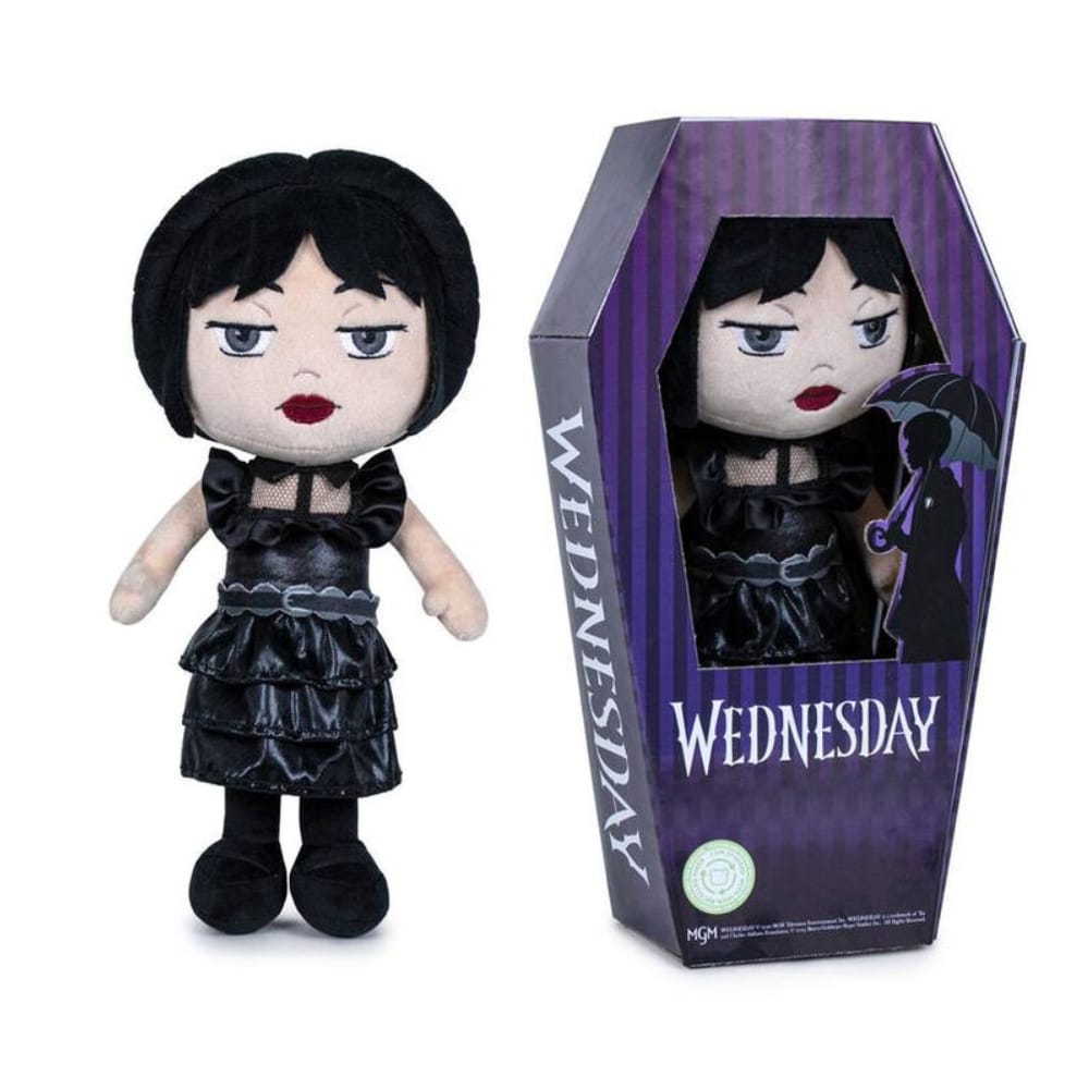 Jucărie de Pluș Wednesday Addams, Rochia Neagră de Bal (27 cm), Păpușă de Colecție Premium cu Detalii Realiste, în Cutie Formă de Sicriu - LUDIRO