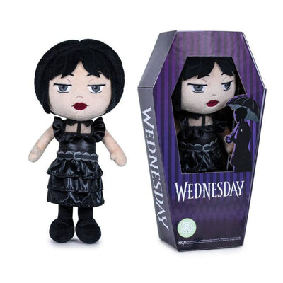 Jucărie de Pluș Wednesday Addams, Rochia Neagră de Bal (27 cm), Păpușă de Colecție Premium cu Detalii Realiste, în Cutie Formă de Sicriu - LUDIRO