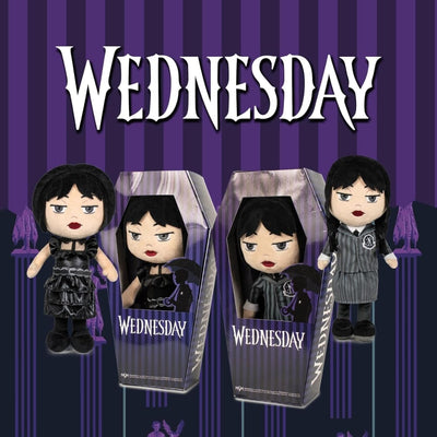 Jucărie de Pluș Wednesday Addams, Rochia Neagră de Bal (27 cm), Păpușă de Colecție Premium cu Detalii Realiste, în Cutie Formă de Sicriu - LUDIRO