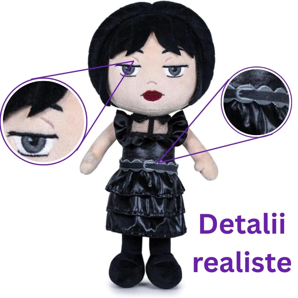 Jucărie de Pluș Wednesday Addams, Rochia Neagră de Bal (27 cm), Păpușă de Colecție Premium cu Detalii Realiste, în Cutie Formă de Sicriu - LUDIRO