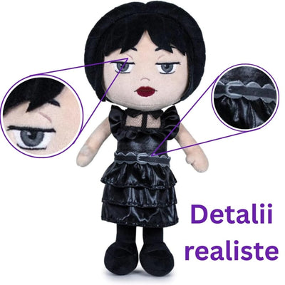 Jucărie de Pluș Wednesday Addams, Rochia Neagră de Bal (27 cm), Păpușă de Colecție Premium cu Detalii Realiste, în Cutie Formă de Sicriu - LUDIRO