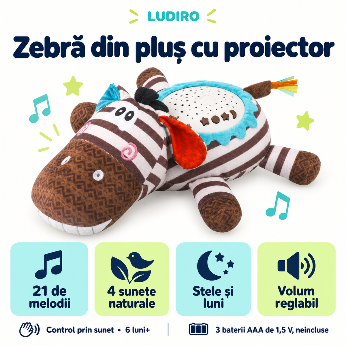 Funcțiile zebrei LUDIRO: 21 de melodii, 4 sunete naturale, proiecție de stele și luni, volum reglabil, control prin sunet și alimentare cu 3 baterii AAA.